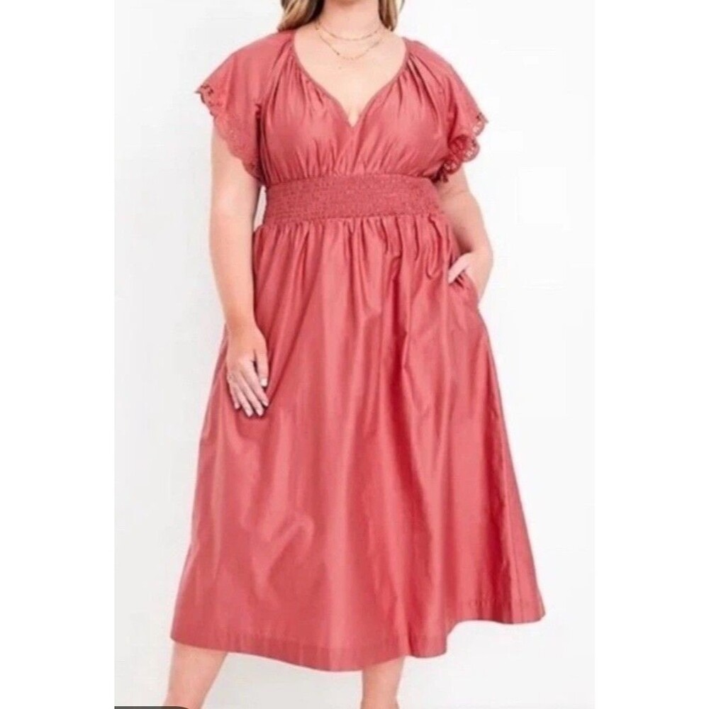 Old Navy Mauverose Waist Defined Midi Dress XL Boho Cottage Natural Fiber Chic